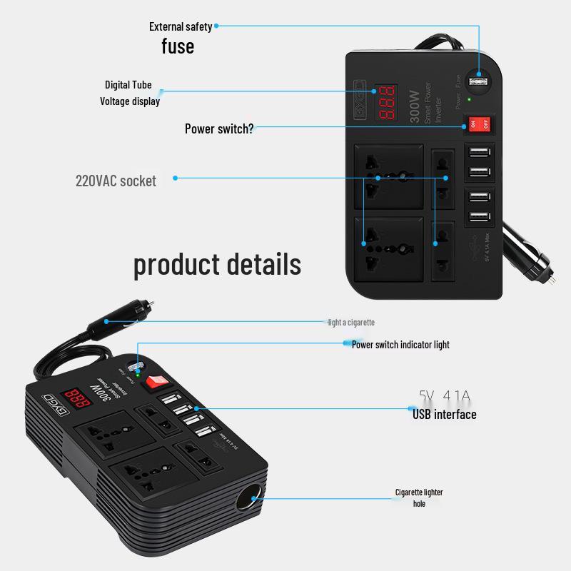 12V 300W Car Inverter: 220V AC Power Converter for Vehicle Appliances