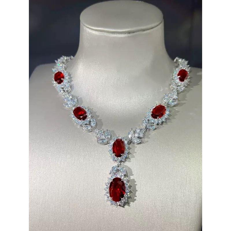 European and American High End Luxury Simulation Ruby Necklace Earrings Ring Women Colored Gems Zircon Bridal Banquet Formal Dress Set