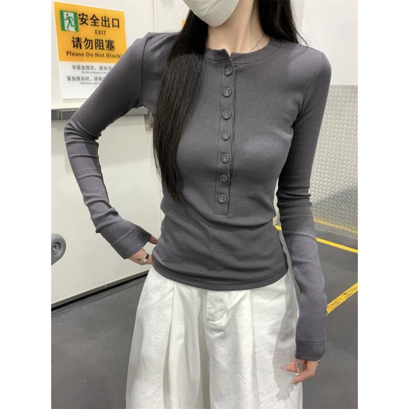 

Spring front shoulder long-sleeved T-shirt women s single-breasted slim-fit Spice Girl style top versatile bottoming shirt XL