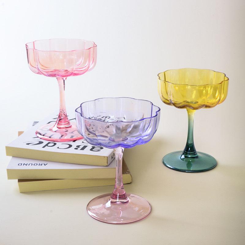 Crystal Petal High-Stem Champagne Glass, Frosted Macaron Tinted Yellow-Green Petal Cup