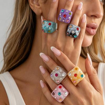 Colorful Geometric Resin Wide Band Ring - Fashionable Candy-Toned Diamond Design
