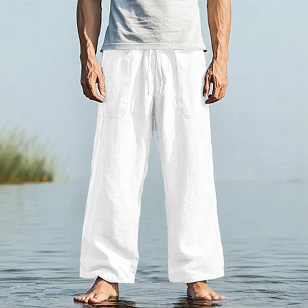 Men Linen Drawstring Waist Loose Fit Trousers Lightweight Straight Leg Casual Pants for Daily Wear Travel Yoga