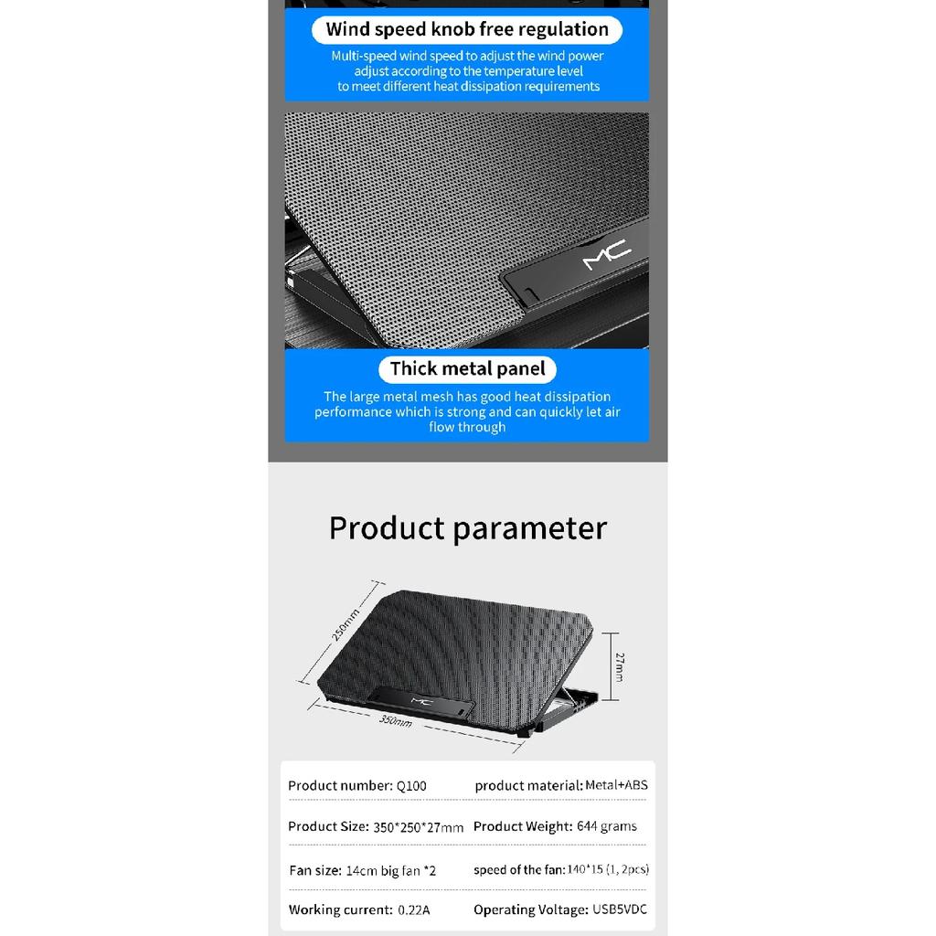 Q100 17inch Gaming Laptop Cooler Fan Led Screen Two USB Port 2600RPM Laptop Cooling Pad Notebook Stand For Laptop Fan Cooler