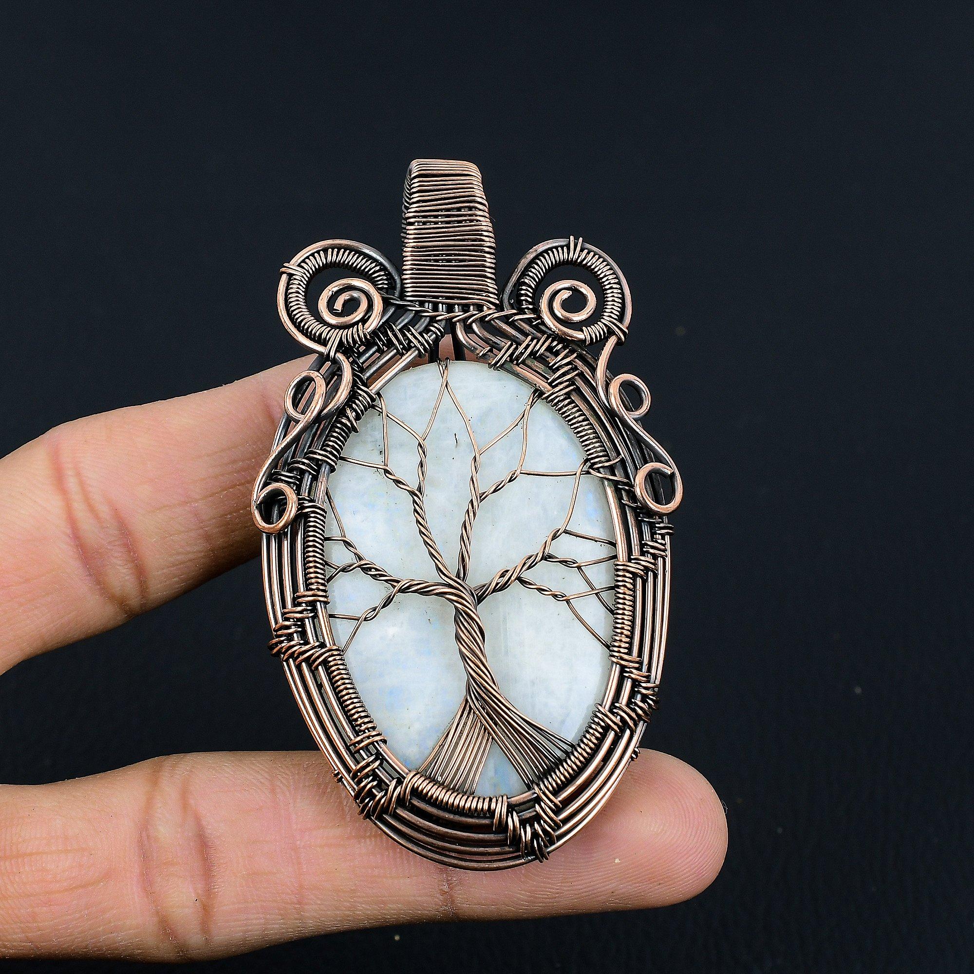 

Кулон из лунного камня, обернутый медной проволокой 999 пробы, кулон из драгоценного камня ручной работы, подарок для мамы, антикварное украшение 2.55 Inches