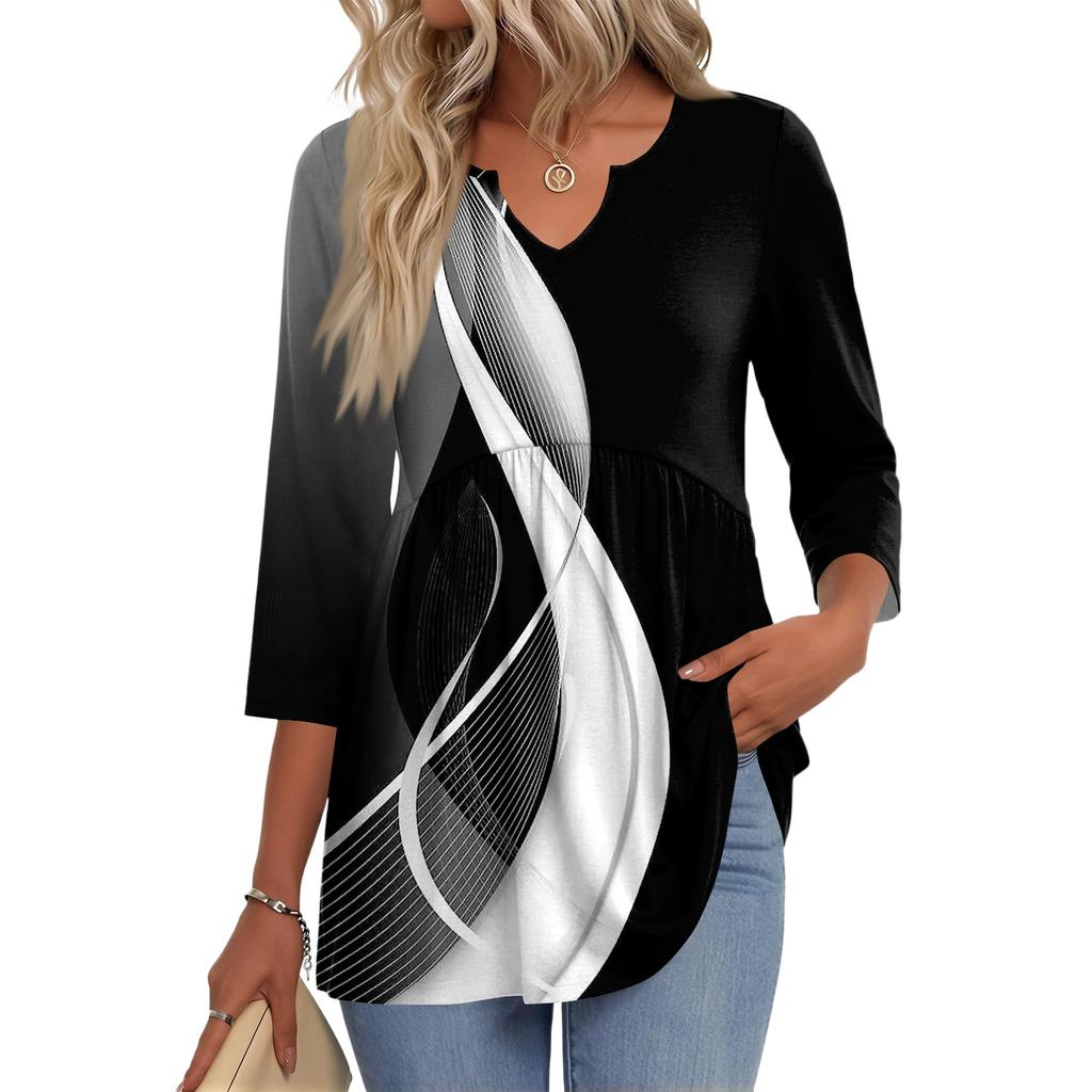 Women's Casual Plaid Print V-Neck Blouse with Three-Quarter Sleeves for Everyday Outfits