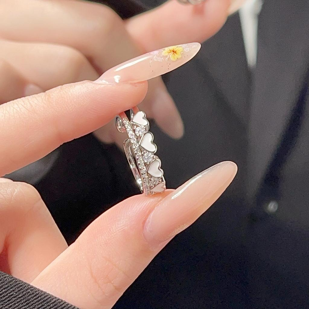 925 Sterling Silver Jewelry Double Layer Sweet Love Heart Finger Rings for Women Wedding Party Jewelry For Girls Friend Gift