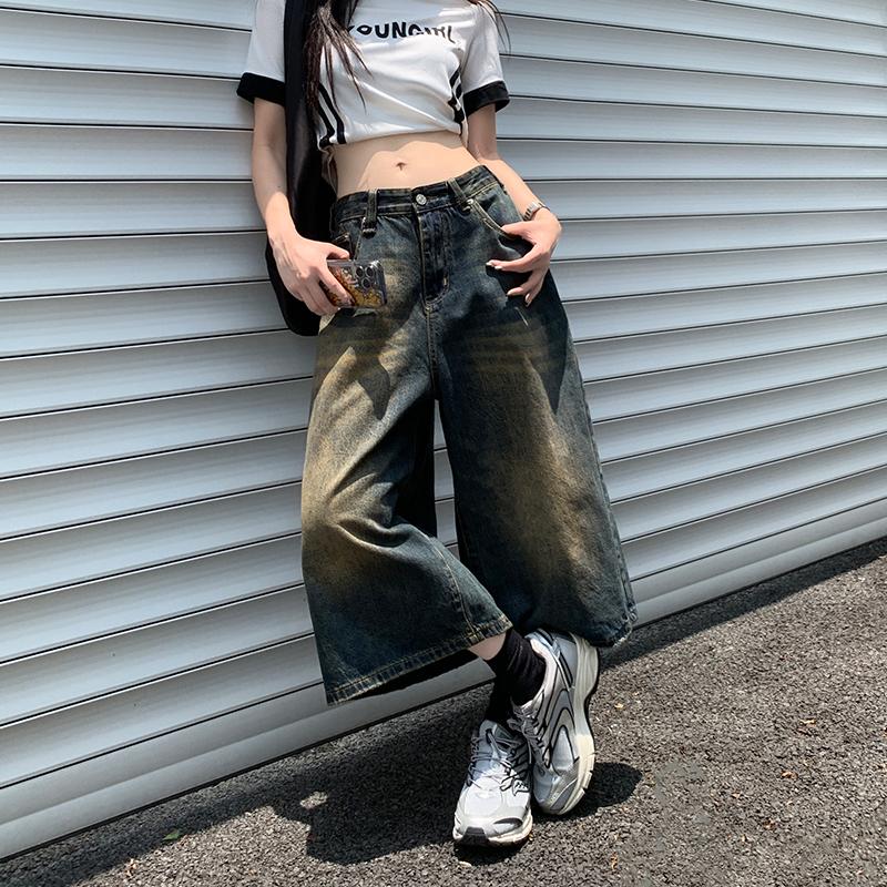 Streetwear Y2k Style Baggy Denim Shorts Women Wide Leg Short Pants Fashion High Waisted Wash Knee Length Jeans Female