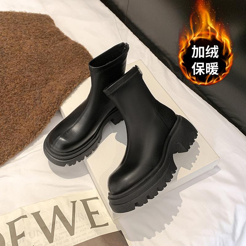 New spot leather black platform Martin boots women's 2025 thin boots high heel short boots small ankle boots increase