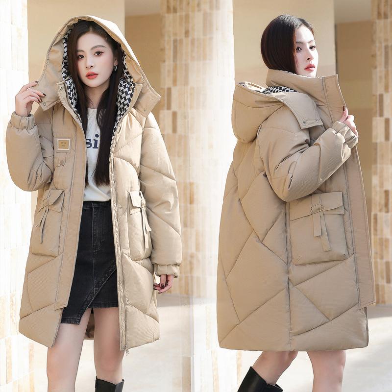 2025 New Cotton Jacket Women's Mid-length Over-the-knee Padded Jacket Loose Thickened and Warm Diamond-shaped Plaid Hooded Autumn and Winter Jacket