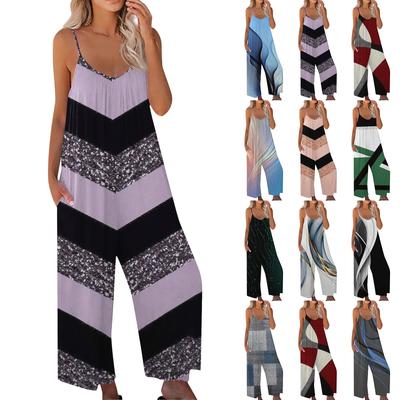 Women's Fashion Casual Jumpsuit Patchwork Printed Loose Suspender Jumpsuit