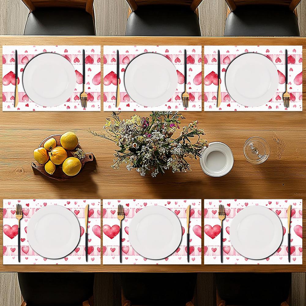 1set/1pc/4pcs/6pcs Valentine'S Day Heart-Shaped Printed Placemats | Polyester, Heat-Insulating, Suitable for Home Decoration, Festival Dining