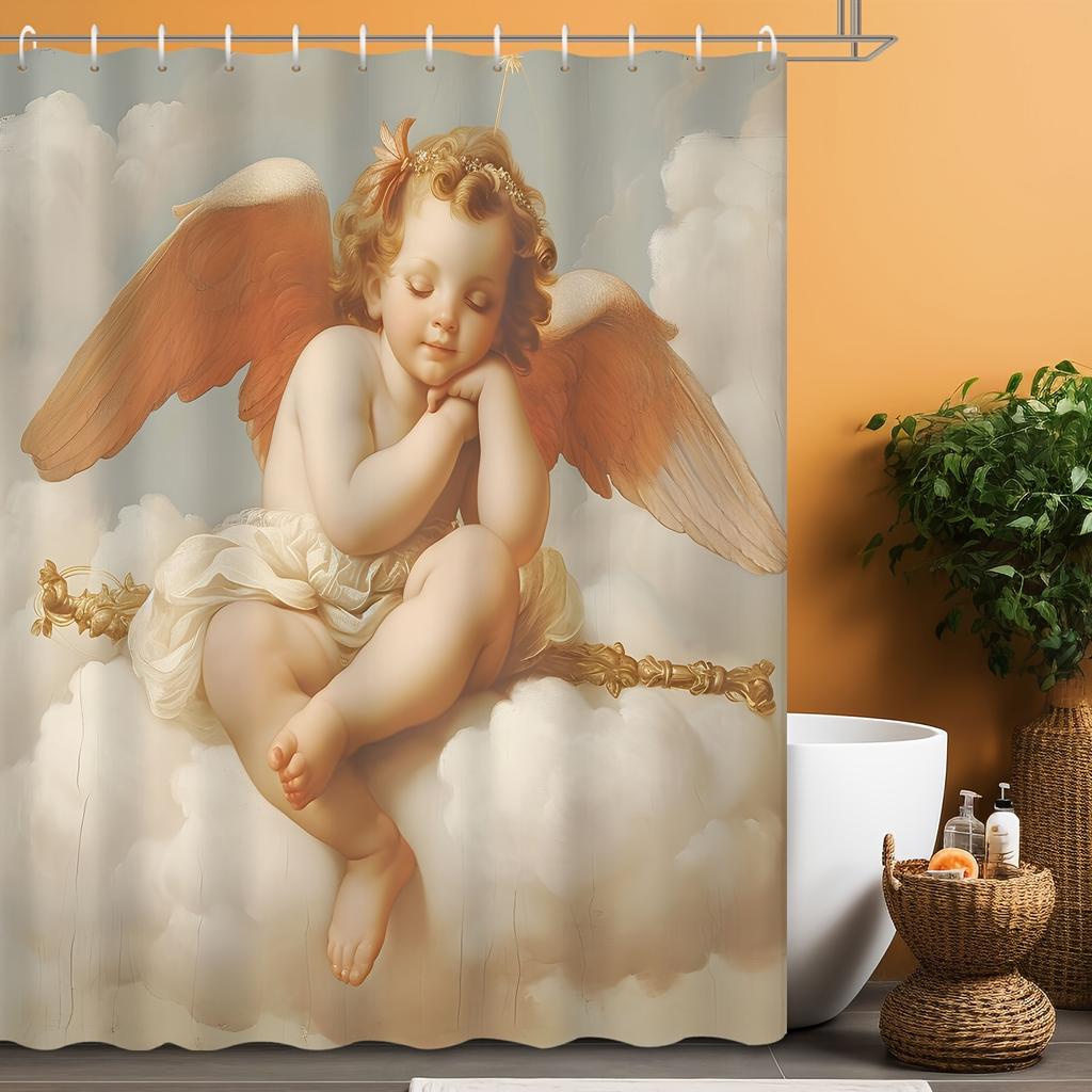 1Pc Shower Curtain - Serene Angel With Golden Wings Sleeping On Clouds Design Waterproof