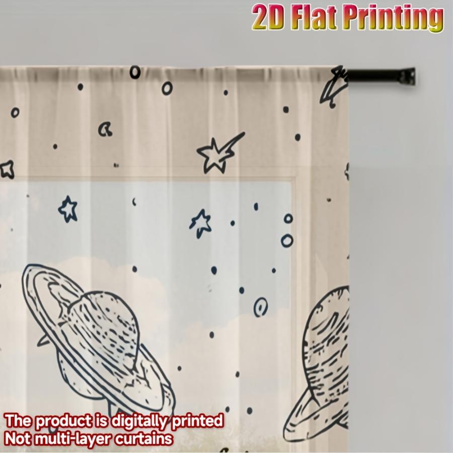 2PCS Digital Printed Sheer Curtain, Saturn Astronaut Space Print, Cosmic Galaxy Sci Fi for Living Room Bedroom Home Decor