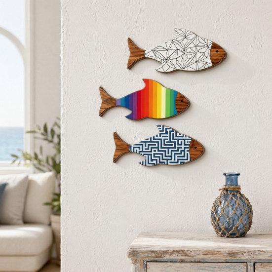 3Pcs/Set Wooden Fish Coastal Wall Art, Rustic Handcrafted Fish Wall Decor, Nautical Fish Wall Sculpture for Living Room, Beach Lake House