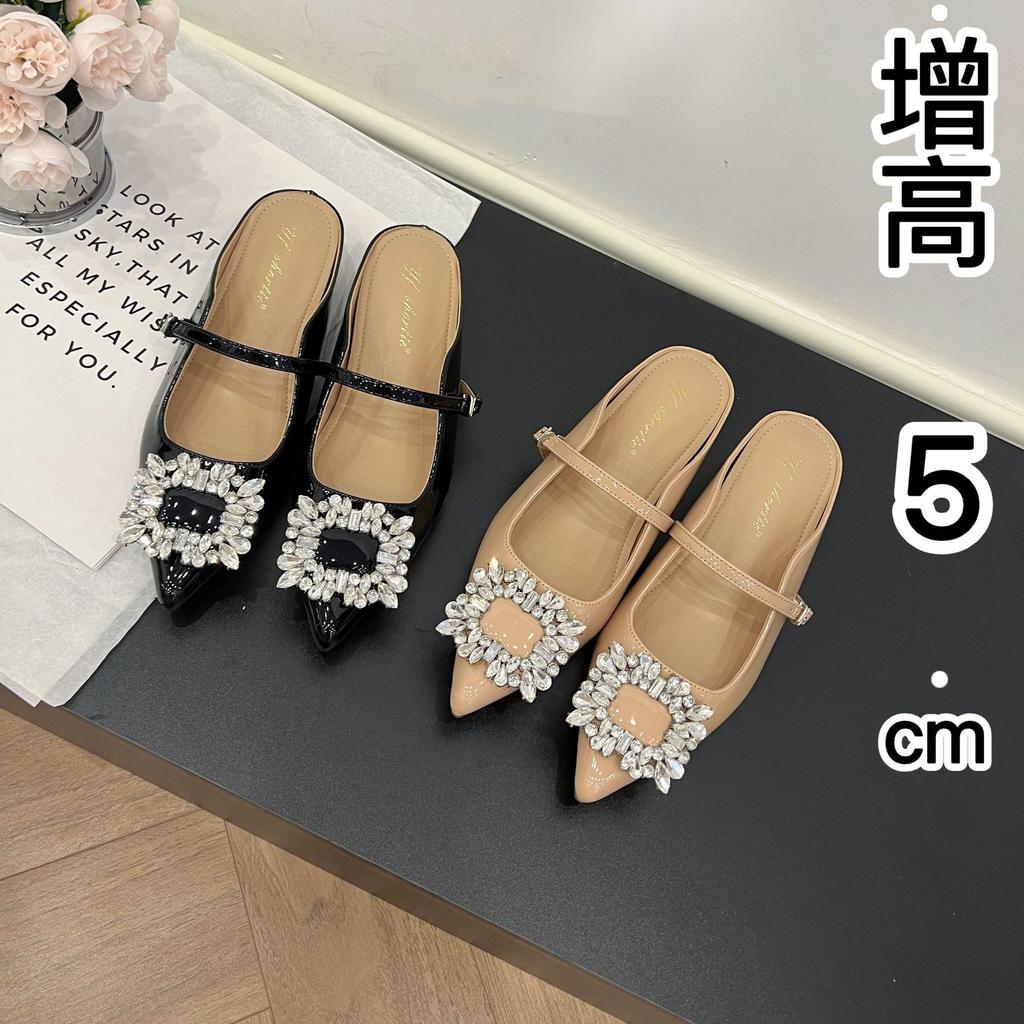 Height increase 5cm rhinestone square buckle pointed cold slippers women's 2025 summer new French word with flat bottom half slippers
