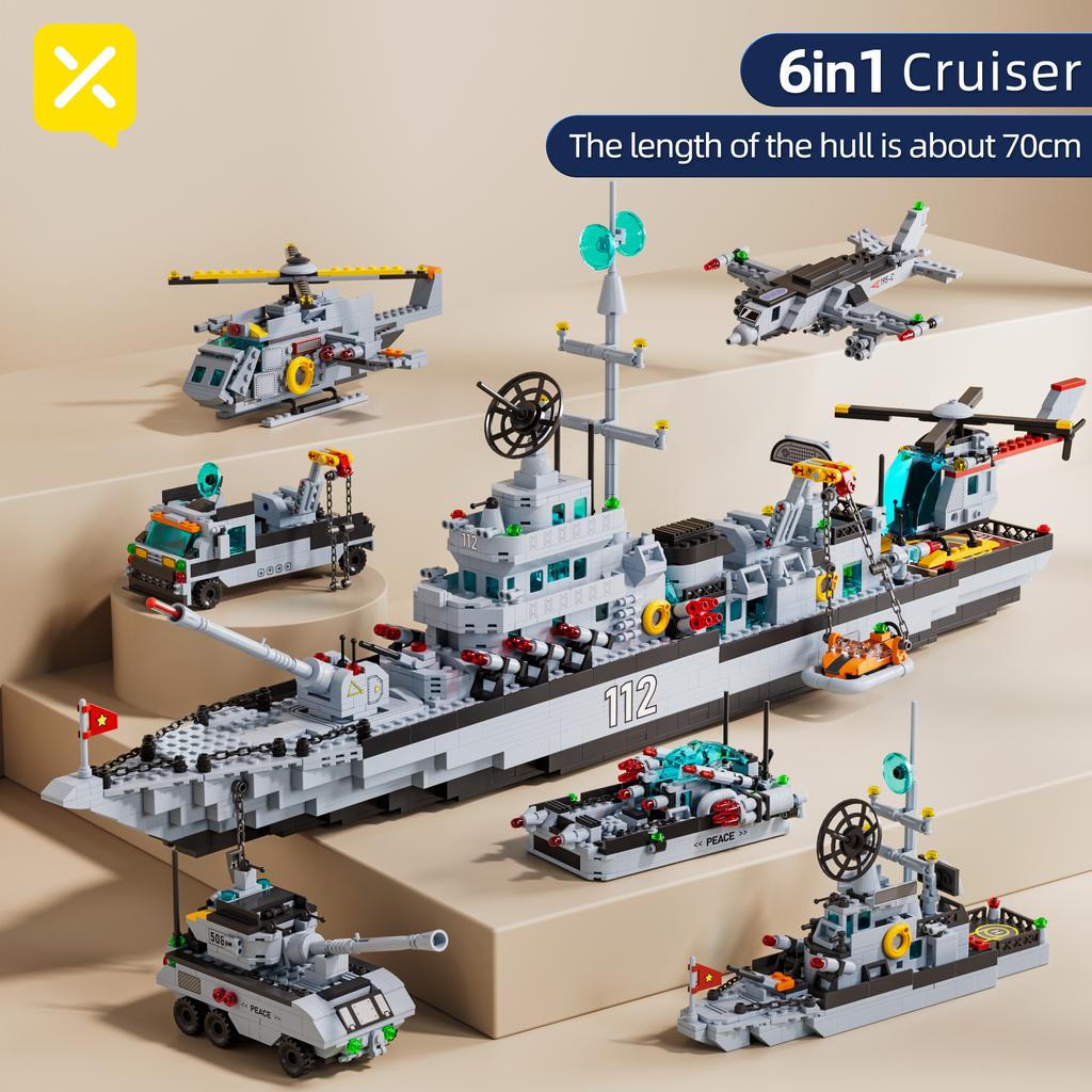 2025 PCS Building Block Warship Battleship Kits City Helicopter Military Ship Bricks Kit Educational Toy for Kid Christmas Gift