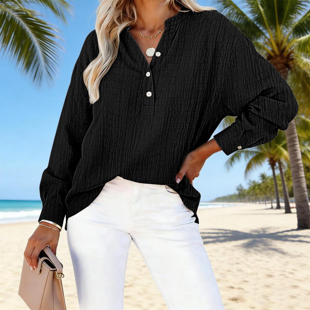 Women Long Sleeve V Neck Button Front Loose Fit Blouse Textured Fabric Casual Office Shirt