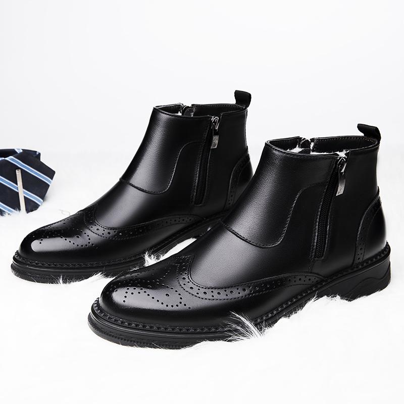 Genuine Leather Chelsea Boots Male Winter Shoes Plush Warm Shoes Fashion Zipper Men's Ankle Boots New British Style Brogue Shoes