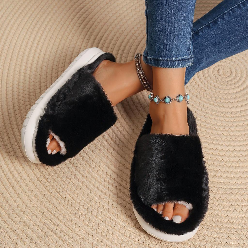 Fashion Faux Fur Keep Warm Slippers Women Winter Open Toe Thick Bottom Plush Slippers Woman Comfort Soft Non-Slip House Cotton Shoes