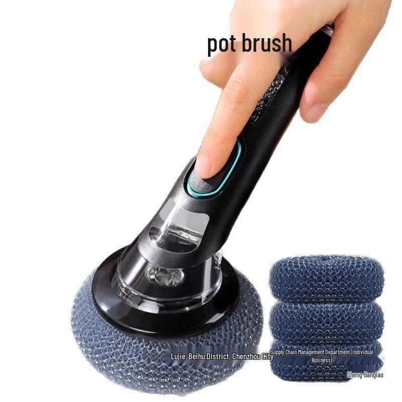 Long Handle Dishwashing Brush with Automatic Liquid Dispensing, Sponge, and Steel Wire for Pot Cleaning