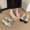 Fashion Butterfly Square Heel Flip Flops Summer New Square Toe Rhinestone Slender Strap Versatile Crystal Heel Slippers