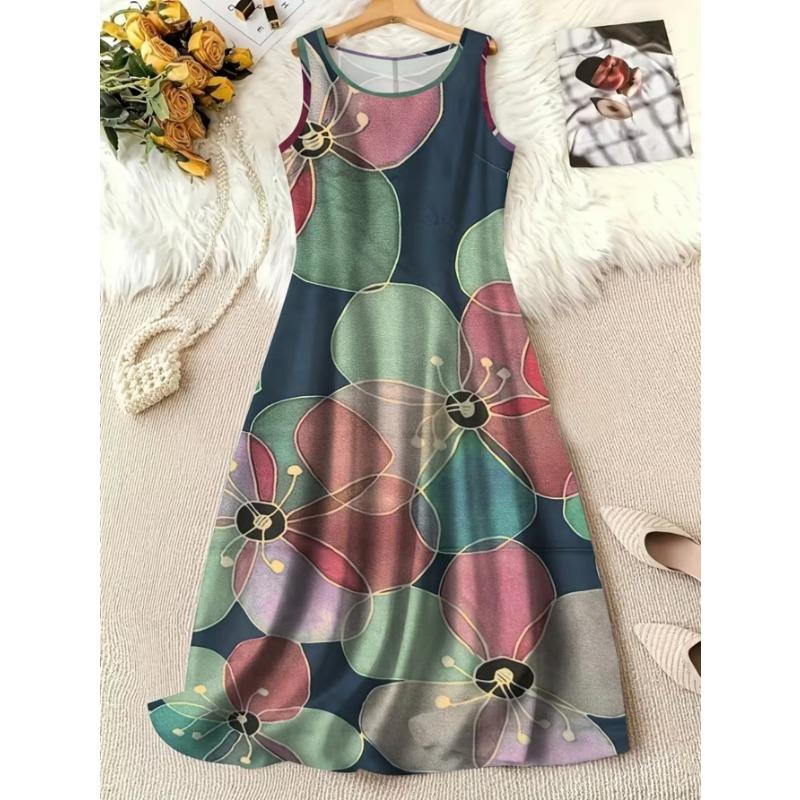 Women s fashionable printed casual sleeveless dress, machine washable, comfortable and versatile S