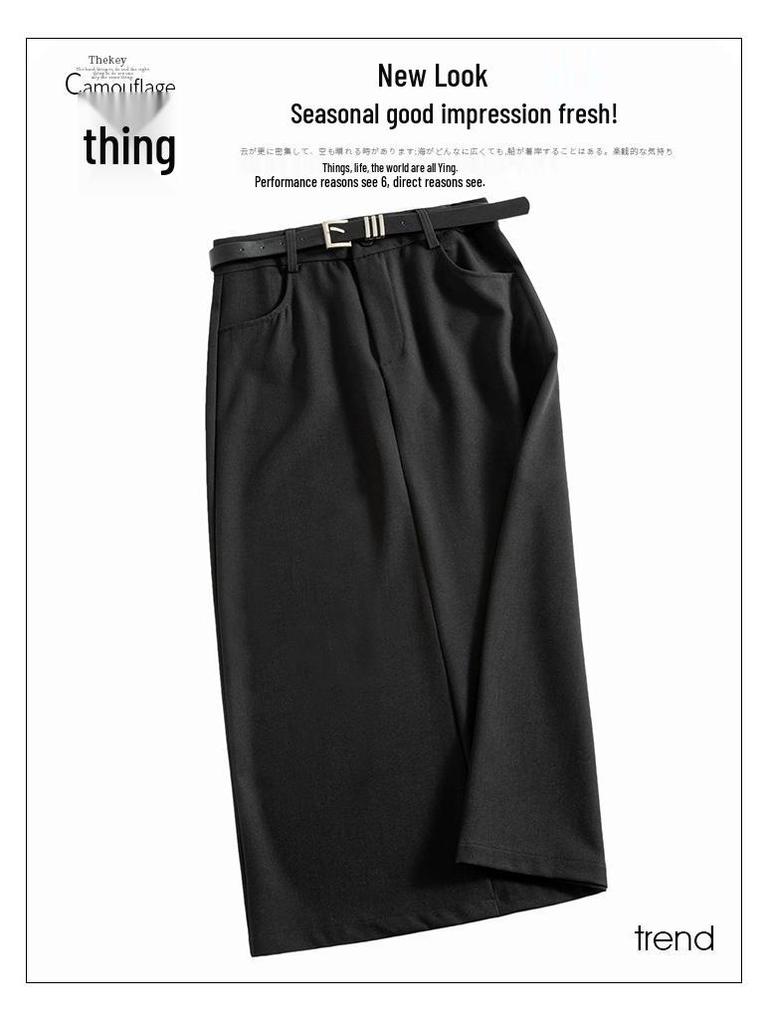 2024 Spring & Autumn High-Waist Slimming A-Line Midi Skirt - Black Versatile Split Skirt