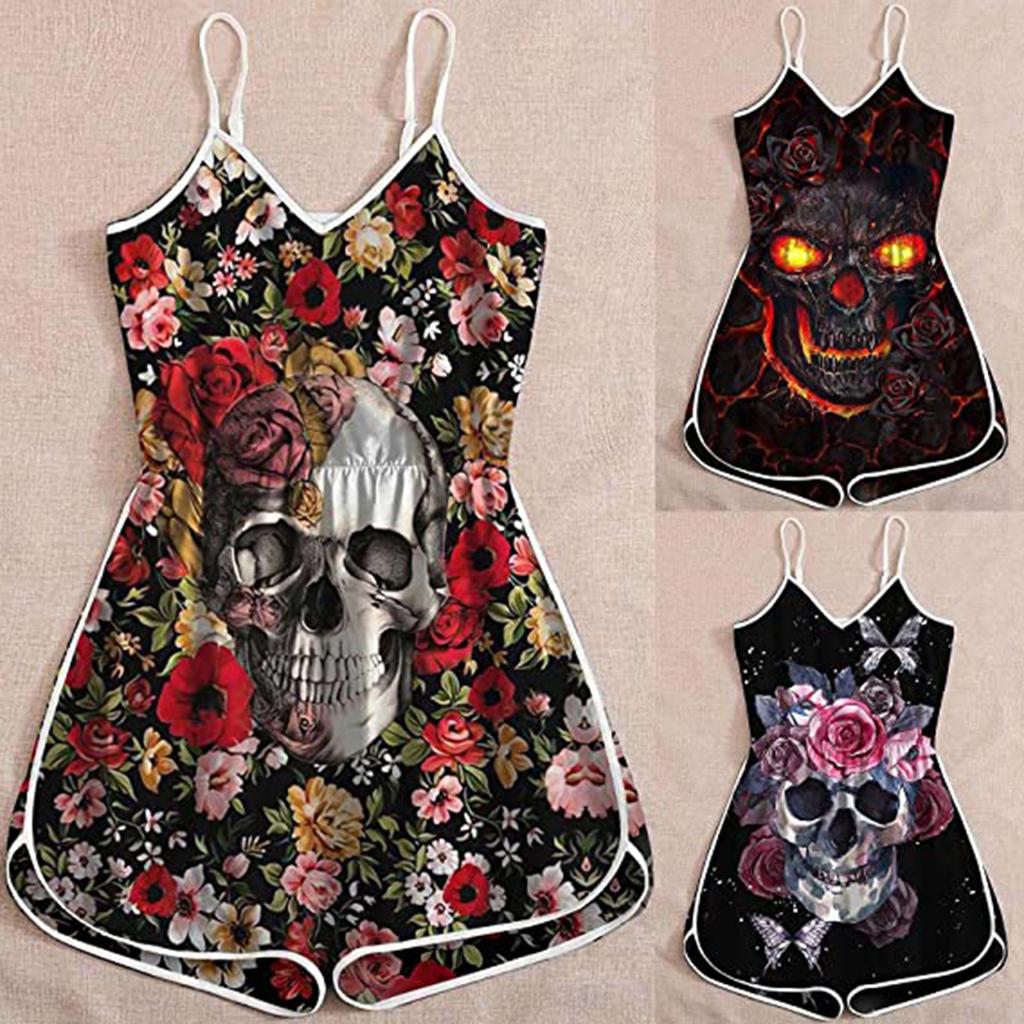 Wish Halloween print lady skull suspender jumpsuit