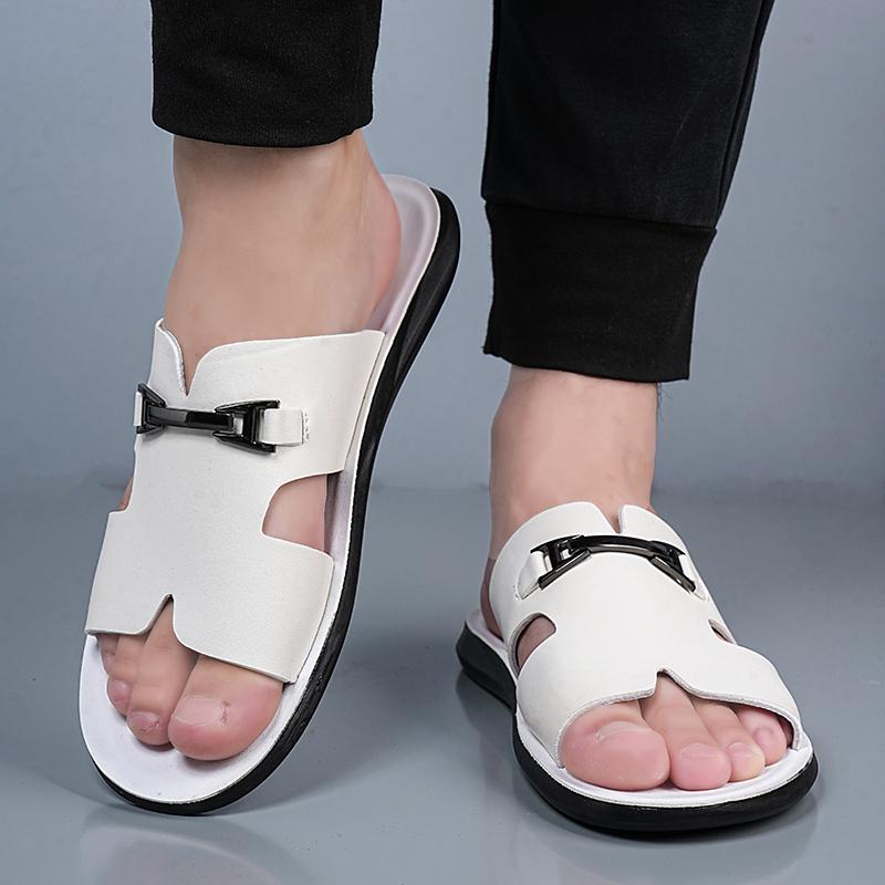 

Men Black Leather Slippers Flats Summer Brown Sandals Outdoor White Wide Head Beach Shoes for Father Over Sized 46 47 48 EU:38 білий