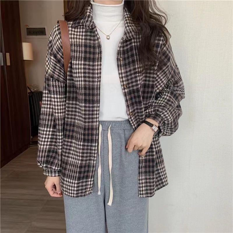 Women's Oversized Mid-Length Plaid Wool Shirt Jacket - Hong Kong Style, Autumn/Spring Trend