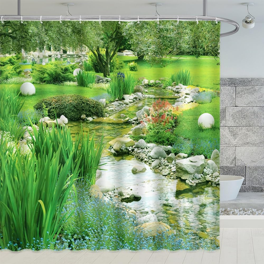 

Spring Garden Landscape Shower Curtains Japanese Style Park Stone Flow Water Green Leaves Landscape Pattern Print Bathroom Decor 90x180CM