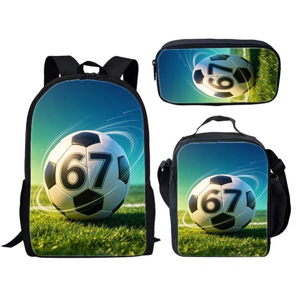 Three Piece Student Backpack Set Includes Backpack Lunch Bag Pencil Case Durable Material Suitable for School Use Sports Theme Design