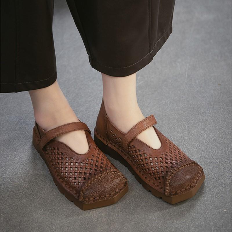 Johnature Genuine Leather Retro Hollow-out Breathable Flat Sandals Square Toe Comfortable Women's Shoes