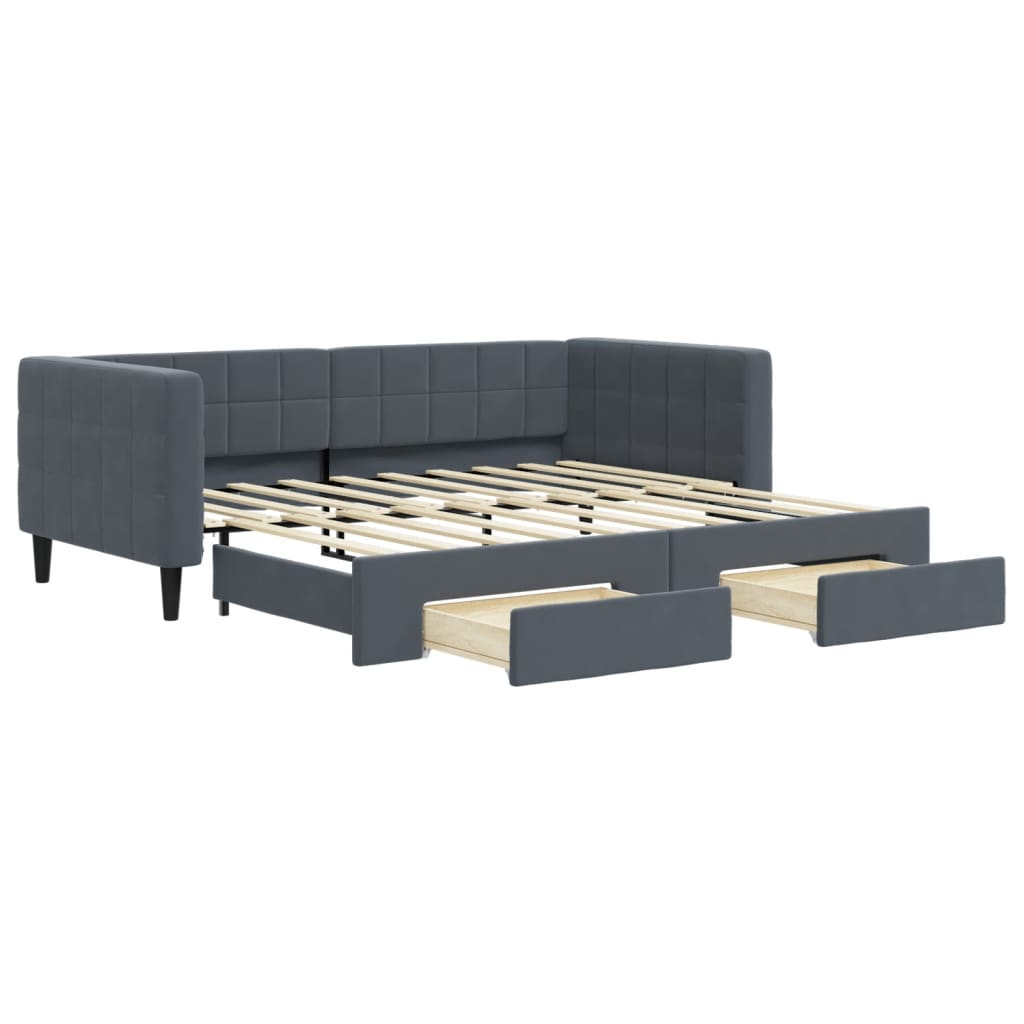 Pull Out Daybed with Drawers Dark Grey 90 X 190 Cm Velvet