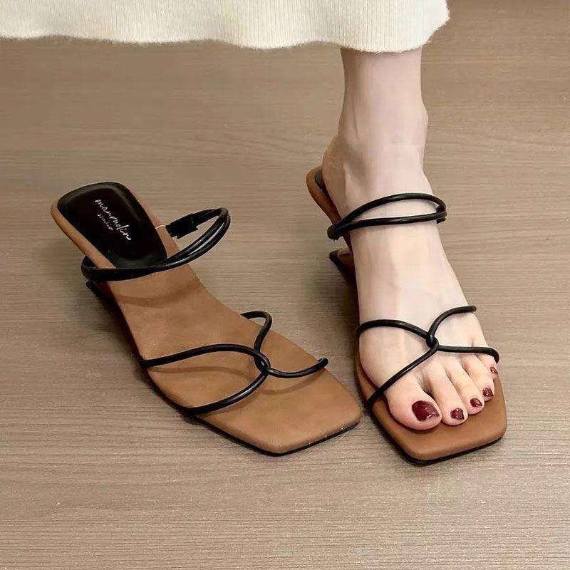 Fashion Fashion Gold Narrow Band Slides Women 2025 Summer Cross Strap Square Toe Slip On Sandals Silver Novelty Strange Heel Slippers