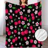 1pc Soft Cherry Blossom & Cherry Print Flannel Blanket - Black with Pink & Red Floral Design, All-Season Cozy Throw for Bed, Sofa, Travel, Camping - L