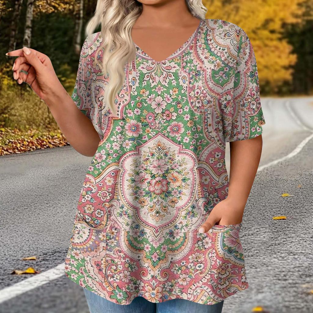 Women's Fashion Plus Size Printed Short Sleeve Blouse For Elegant Commuting And Casual Wear