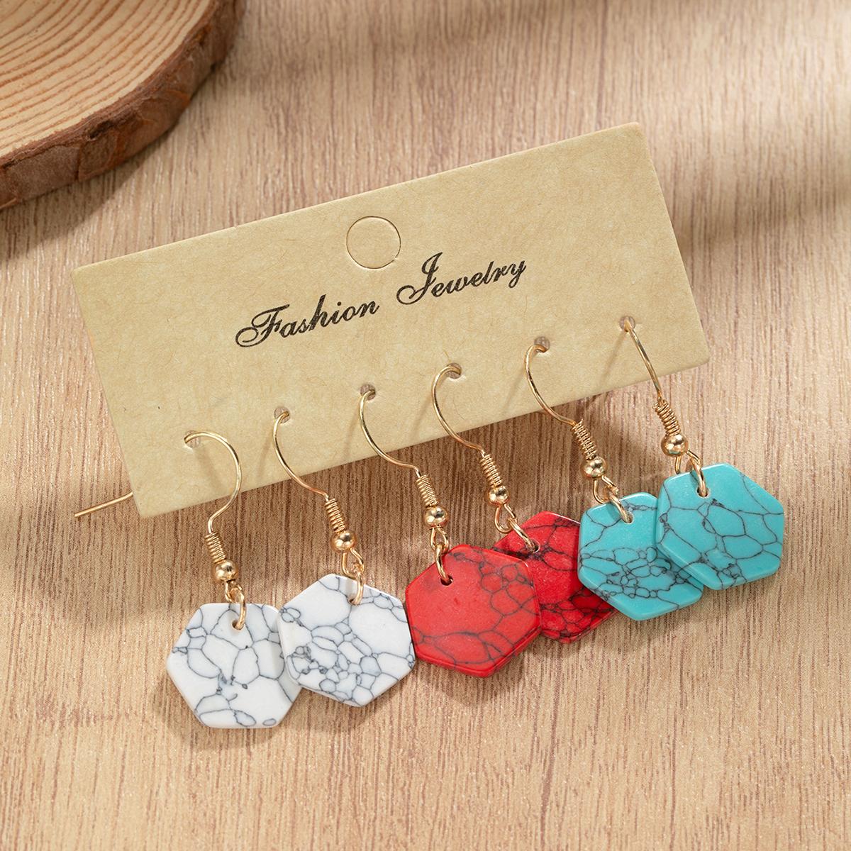 Retro Irregular Geometric Colored Turquoise Pendant Card Set Earrings