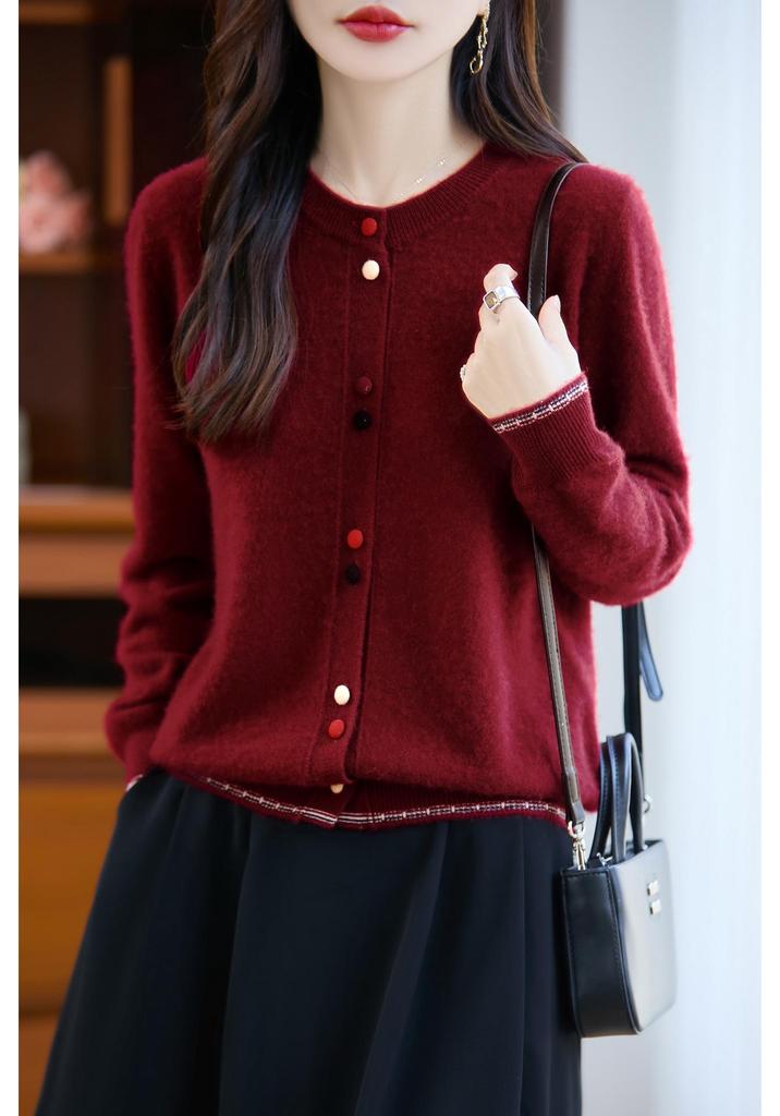 Women's Loose Round Neck Wool Cardigan with Colorful Buttons