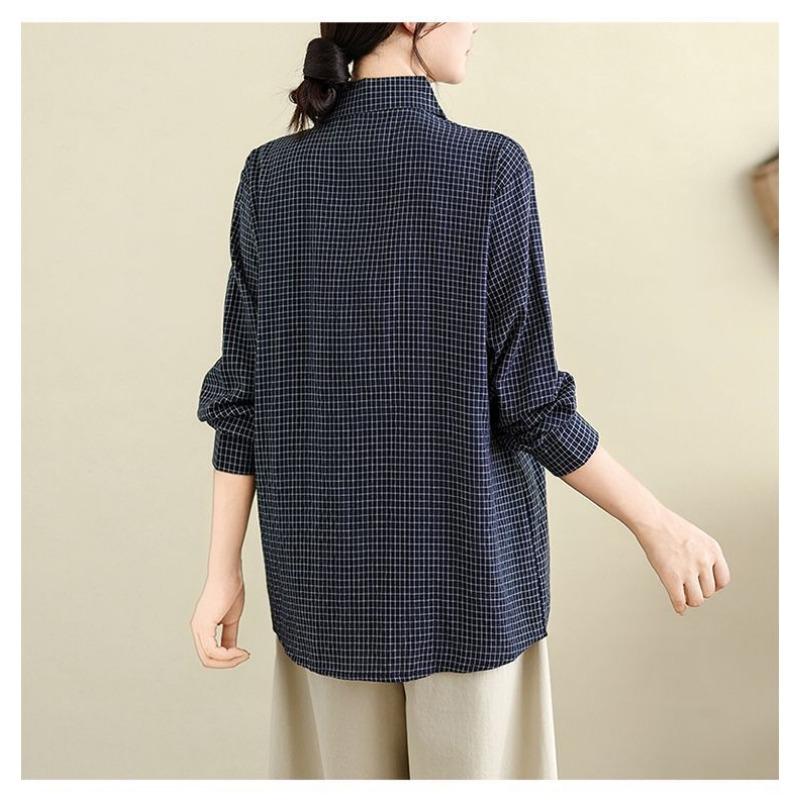 Spring and Autumn Button Lapel Plaid Long Sleeve Retro Shirt Casual Loose Top