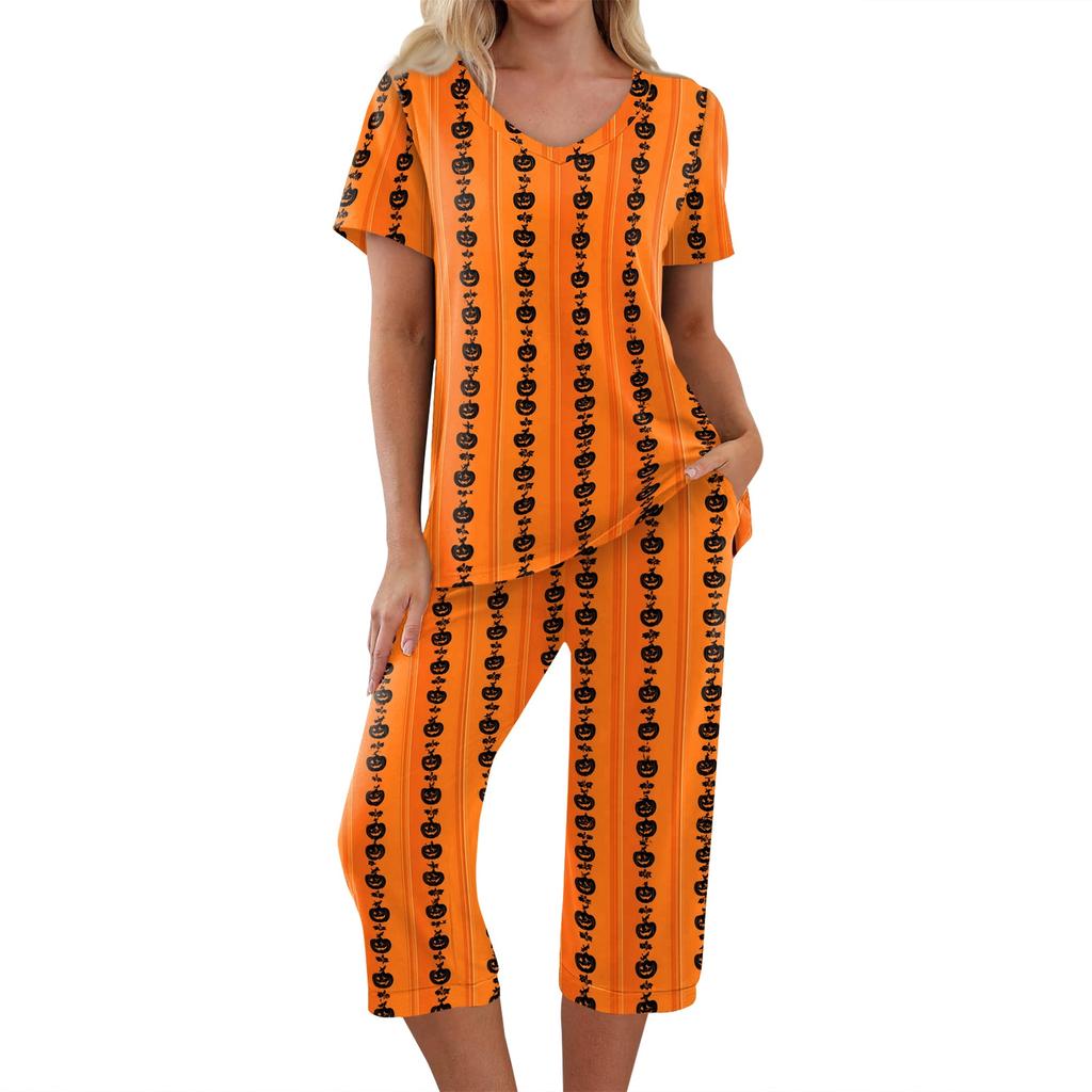 Women's Festive Halloween Print Tracksuit Set - 2 Piece Short Sleeve Top & Cropped Pants, Casual Costume Outfit for Fall Party