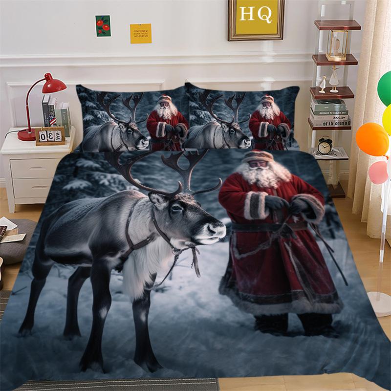 Jultomte Älg 3D-printad Polyester Kuddfodral Täcke Överdrag Två Eller Tre Delars Set