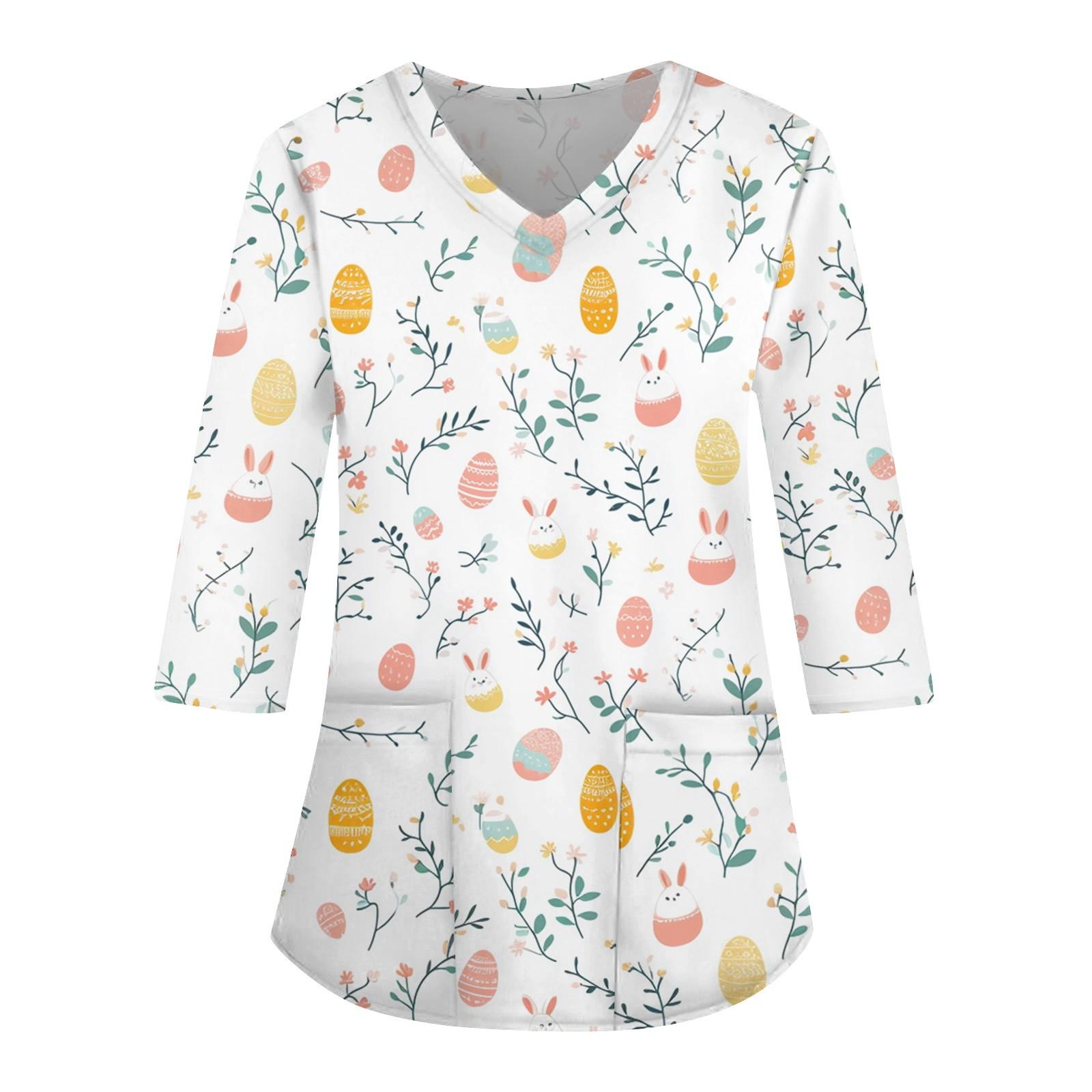 

Модная женская рабочая одежда с v-образным вырезом и рукавами 3/4, свободные топы с карманами и принтом XL белый