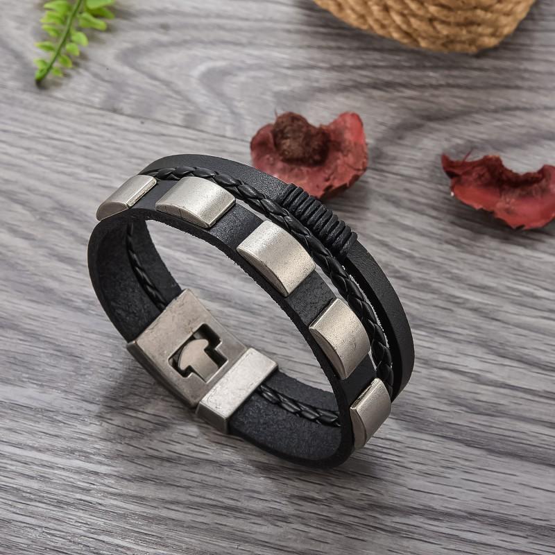 Mens Punk Leather Bracelet With Rivet Buckle Geometric Design Adjustable Cuff Biker Style Jewelry