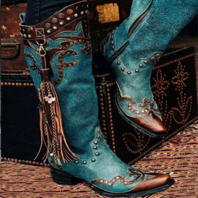 Kadın diz üstü çizmeler retro PU deri orta topuklu ayak bileği çizmeleri perçin püsküllü çizmeler