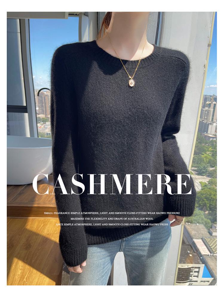 Women's Genuine Cashmere Seven-Gauge Thick Saddle Shoulder Round Neck Loose Solid Color Knit Sweater Base Layer