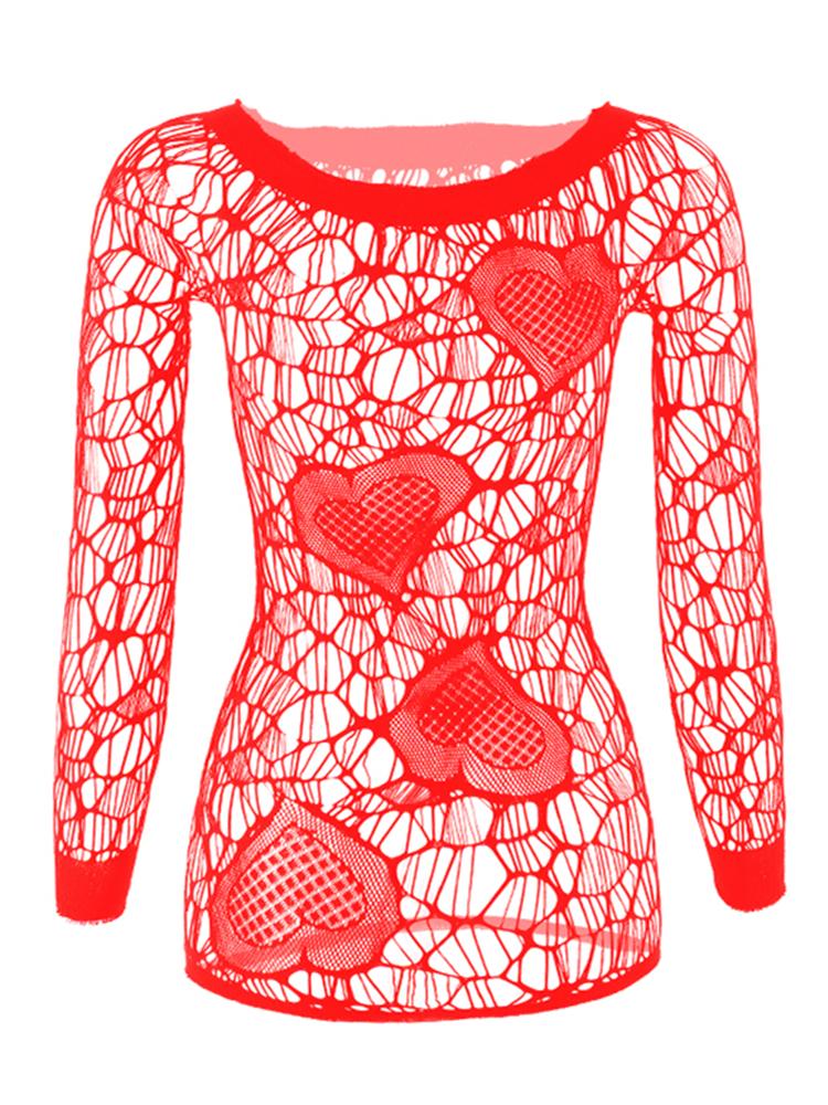 Sexy Dress Underwear For Woman Red Mesh Transparent Sexy Crotchless Dress Heart Print O Neck Erotic Lingerie Nightwear