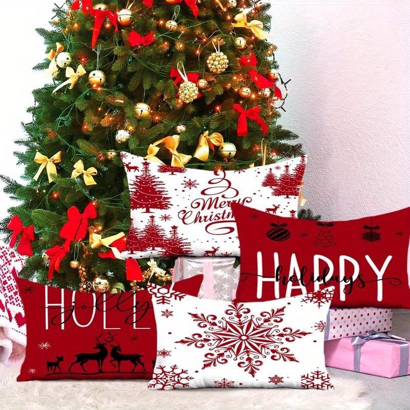 1PCS Christmas Red & White Pillowcases: Merry, Holly, Happy Holidays! Sofa Bed Cushion Cover, New Year Home Decoration