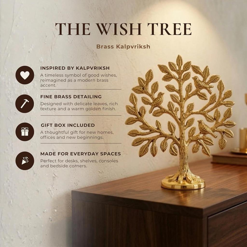 Pure Brass Kalpvriksh Tree with Birds | Good Luck Gift 5.9 Inch