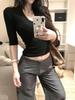 Spicy American Style Black V-Neck Mid-Sleeve Slim-Fit Women's T-Shirt for Early Spring